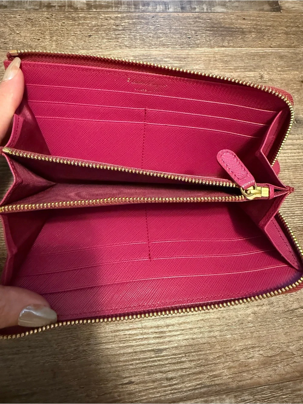 Salvatore Ferragamo Fuchsia Vara Bow Zip Wallet with Gold Hardware COA